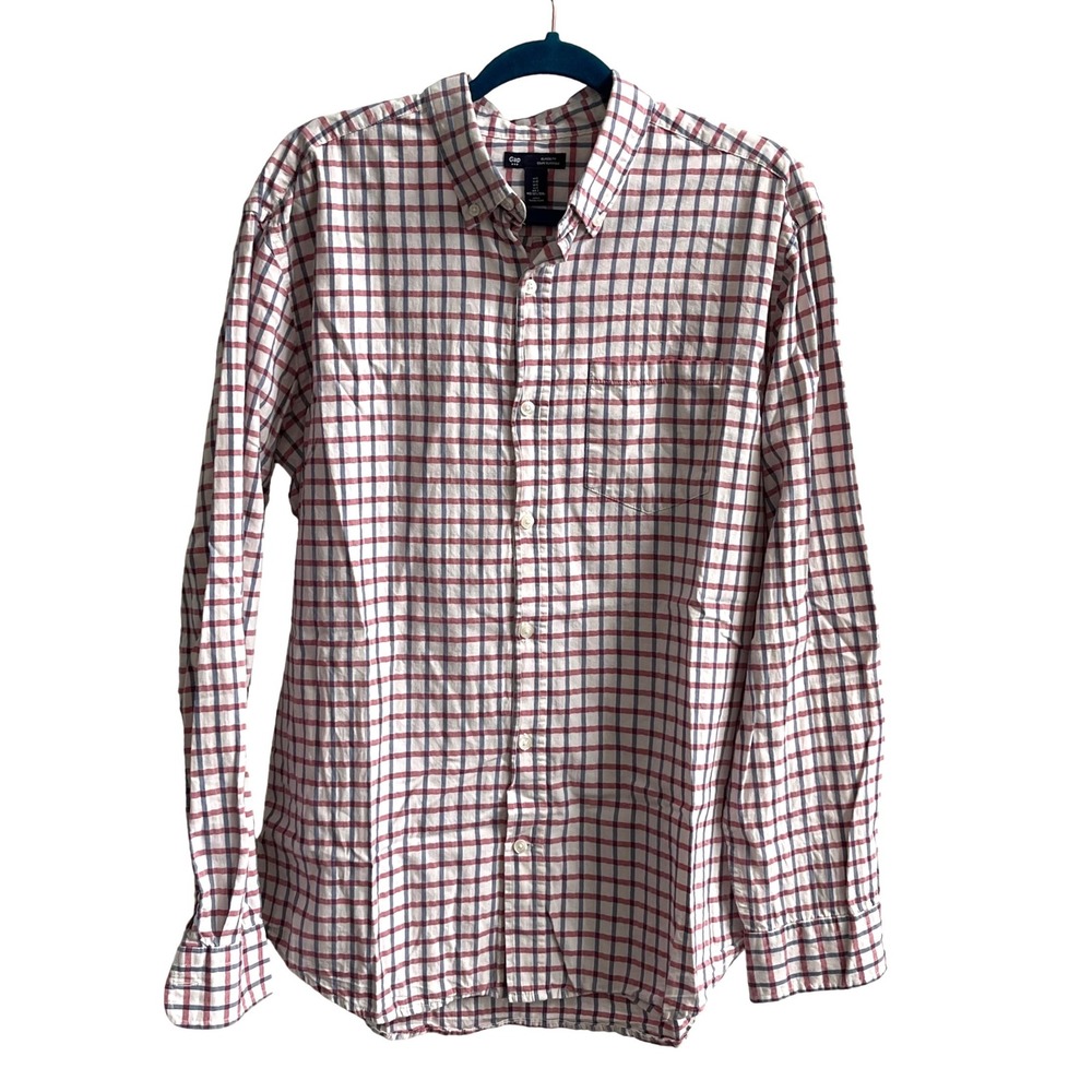 Gap Plaid Button Down Shirt Mens L Red Blue Classic Fit Preppy Long Sleeve Check